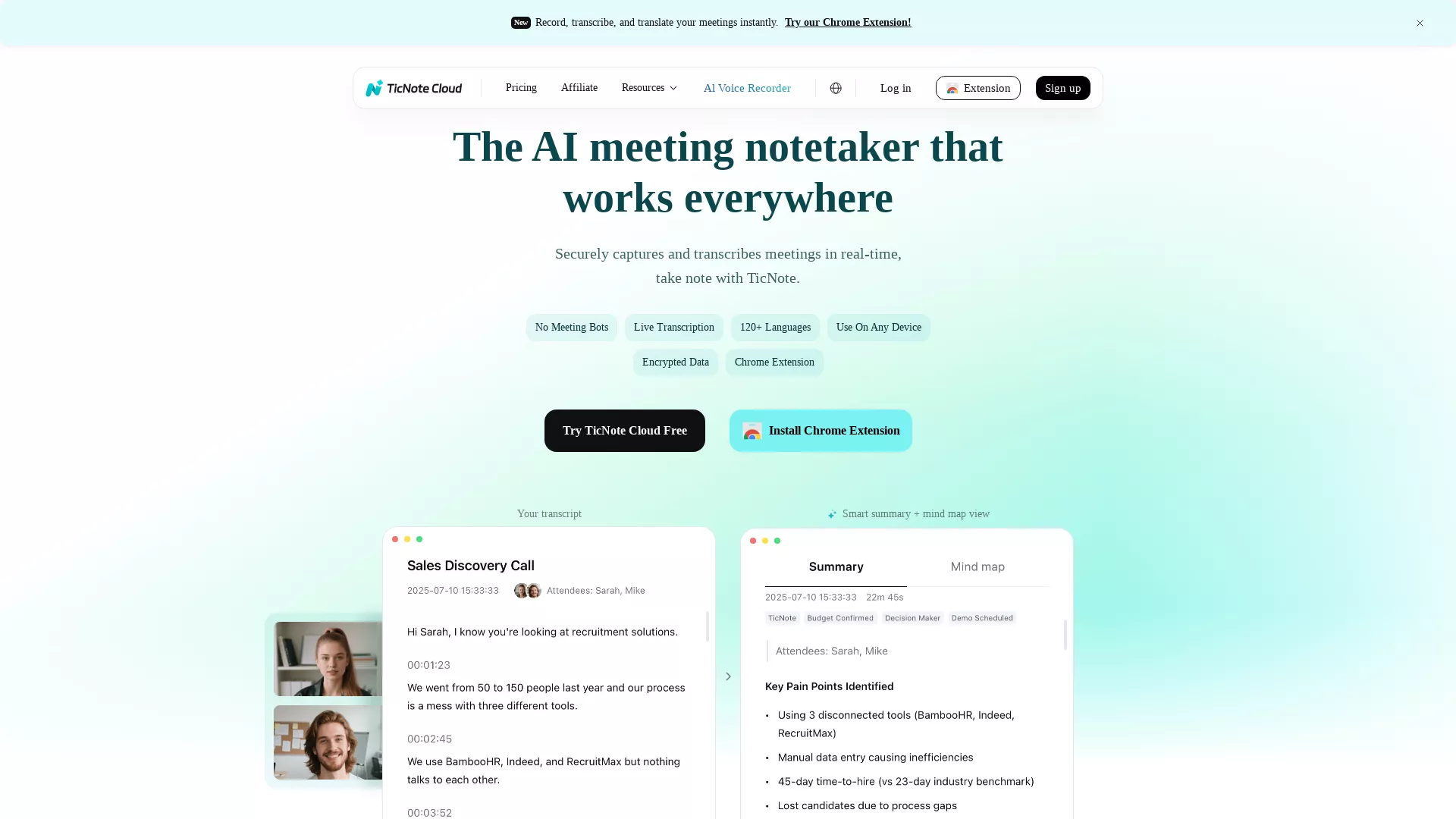 TicNoteCloud - AI Meeting Transcription Website Screenshot