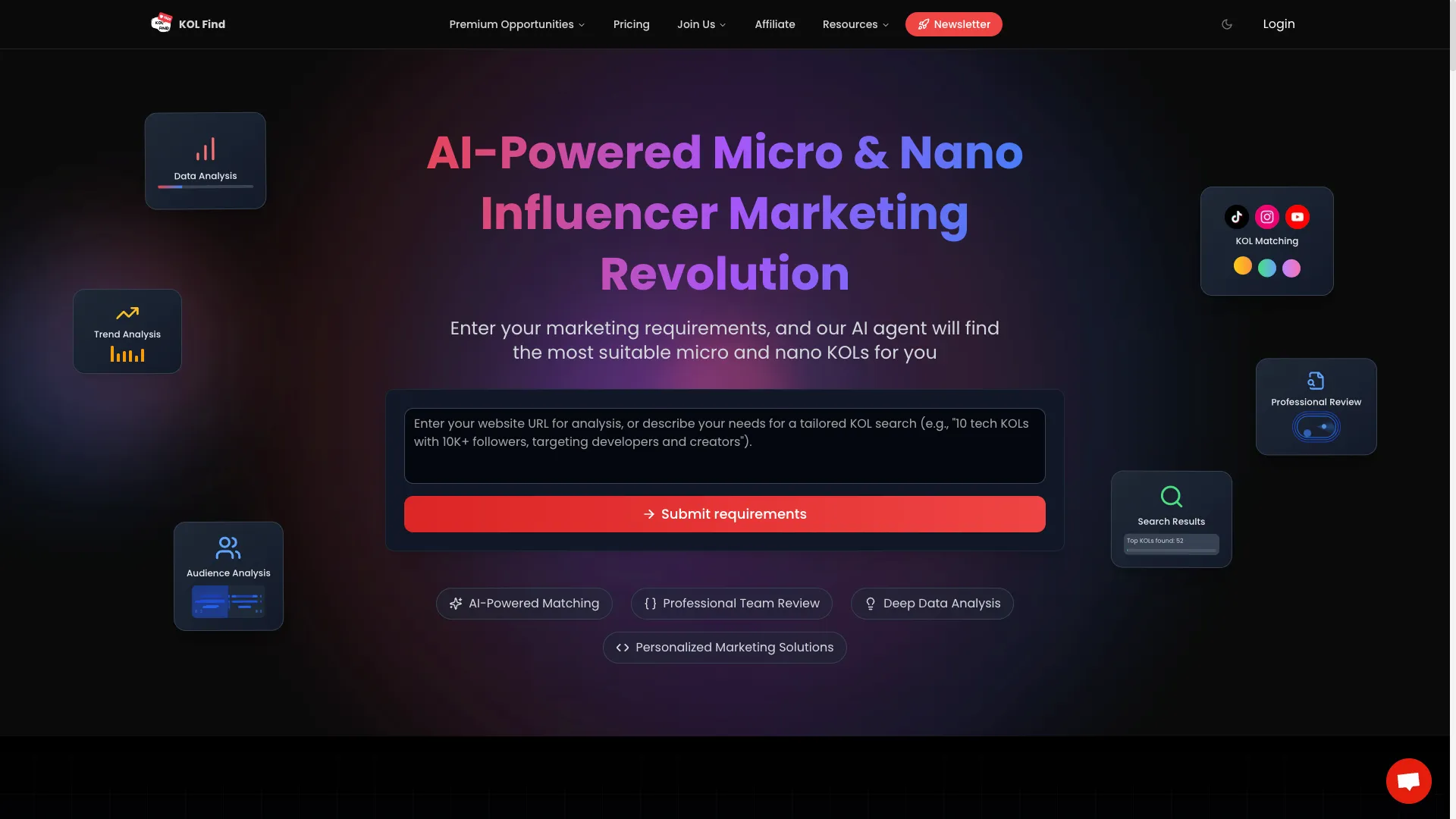 KOLFind - AI Influencer Discovery Platform Website Screenshot