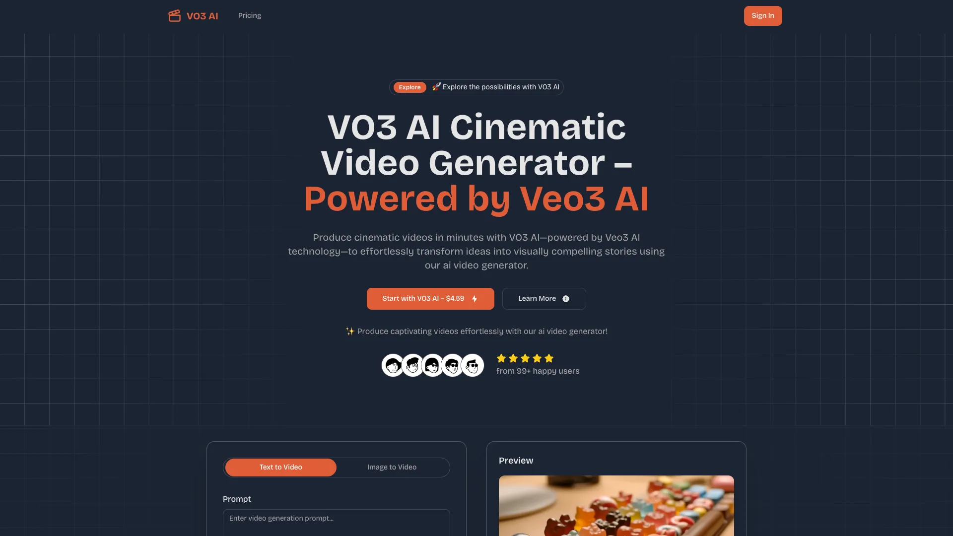 VO3 AI - AI Video Generator Tool Website Screenshot