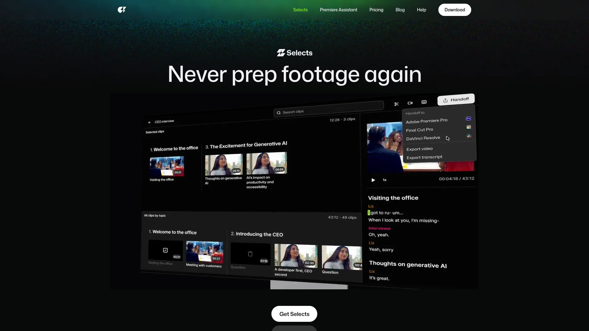 Selects - AI Video Editing Tool Website Screenshot