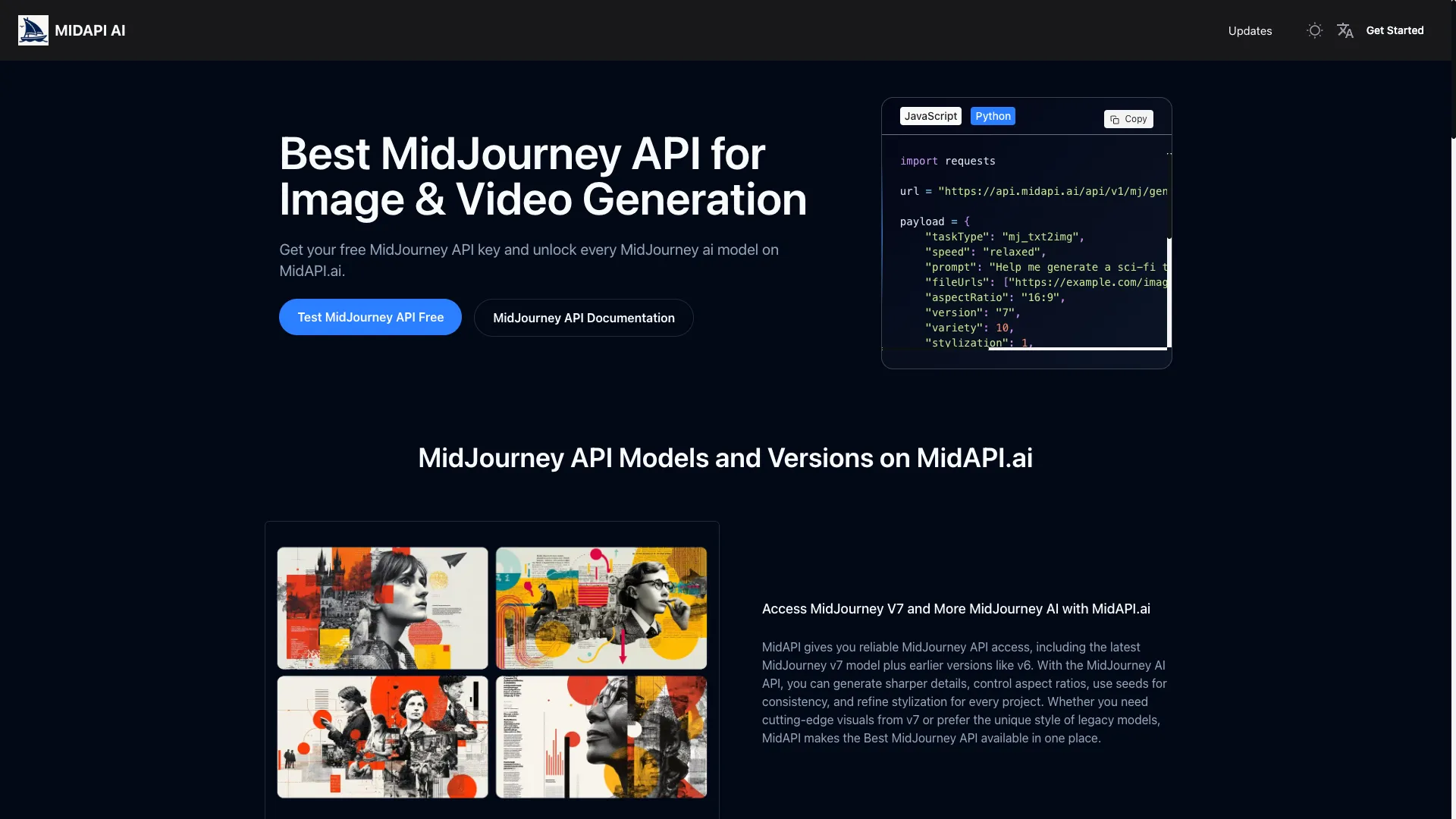 MidJourneyAPI - AI Image Video Generation API Website Screenshot