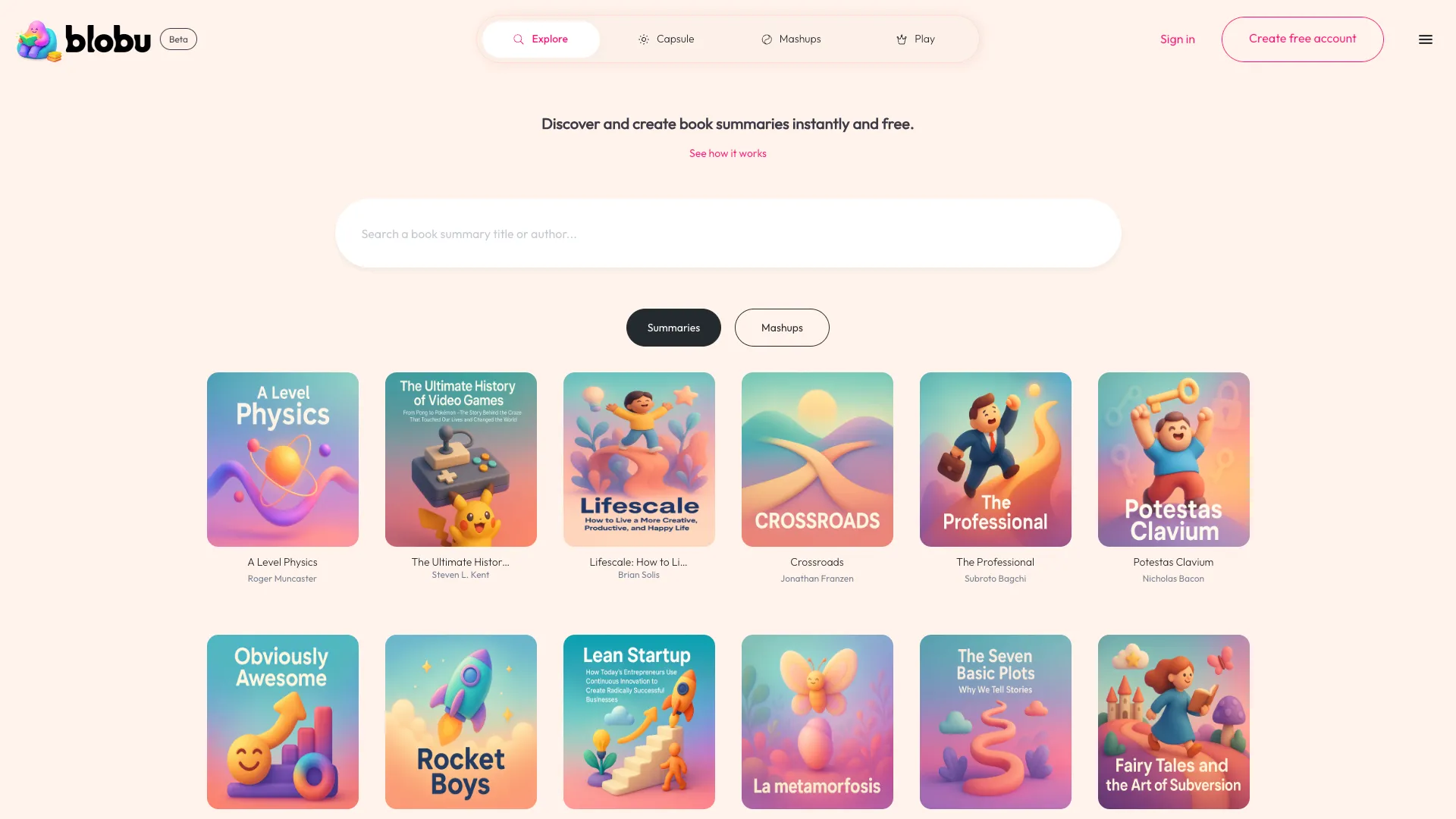 Blobu.ai - Book summaries, Learning Website Screenshot
