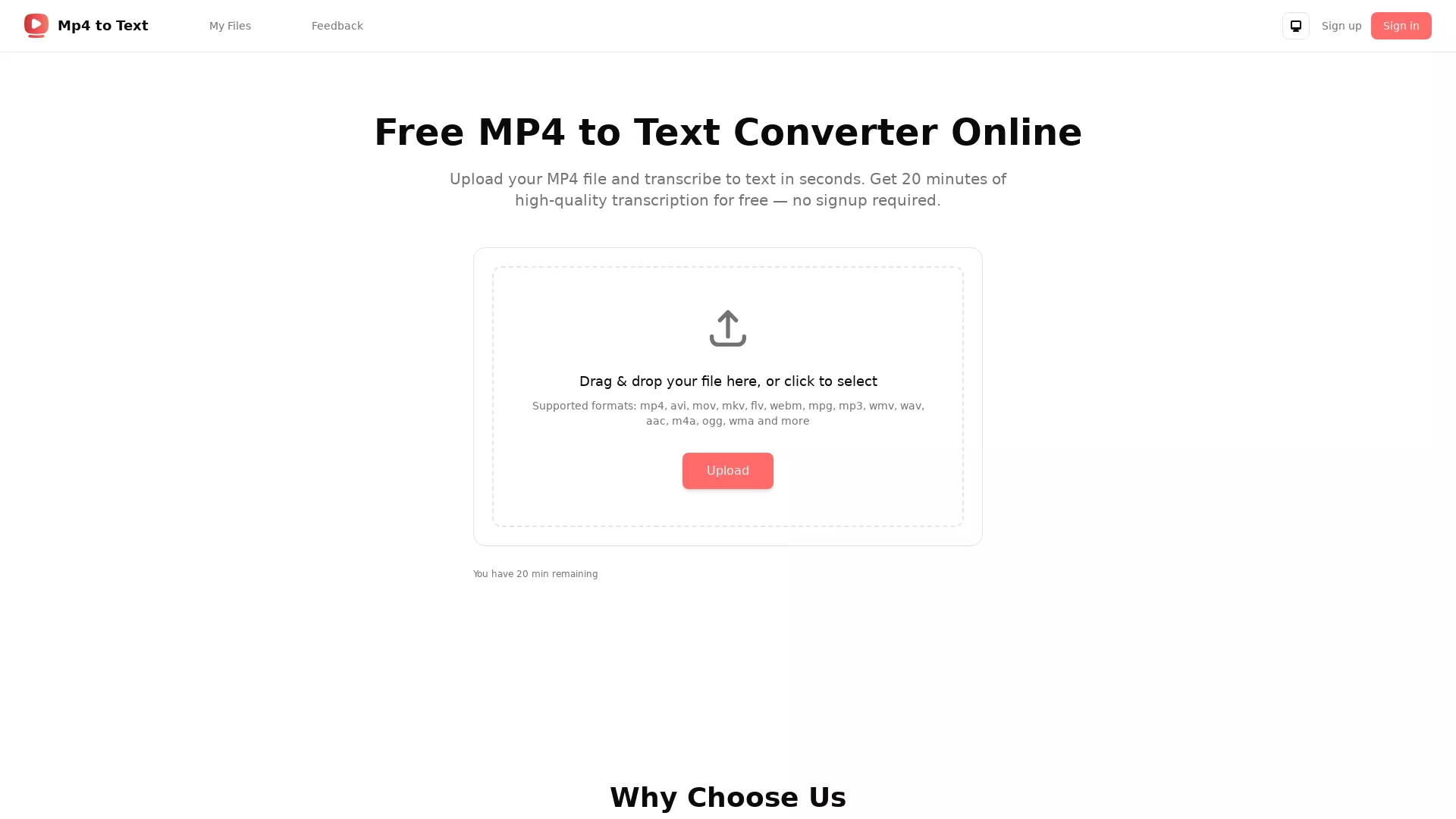 Mp4ToText - Transcription Tool Website Screenshot
