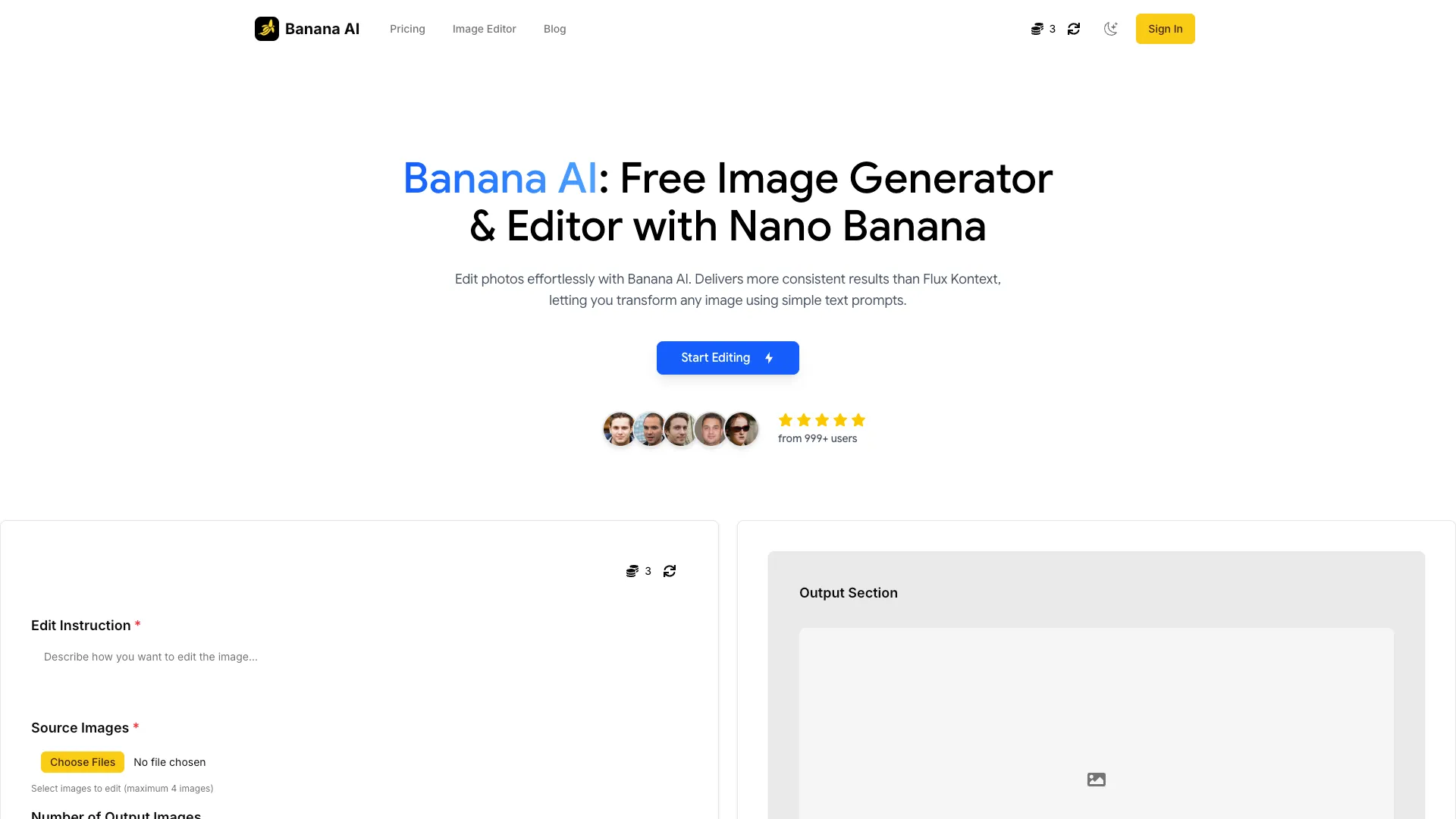 BananaAI - AI Image Editing Tool Website Screenshot