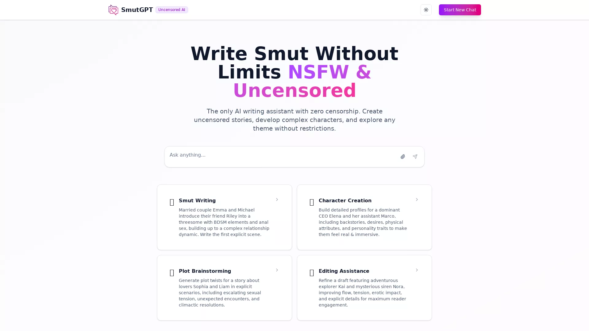 SmutGPT - NSFW AI Chat Assistant Website Screenshot