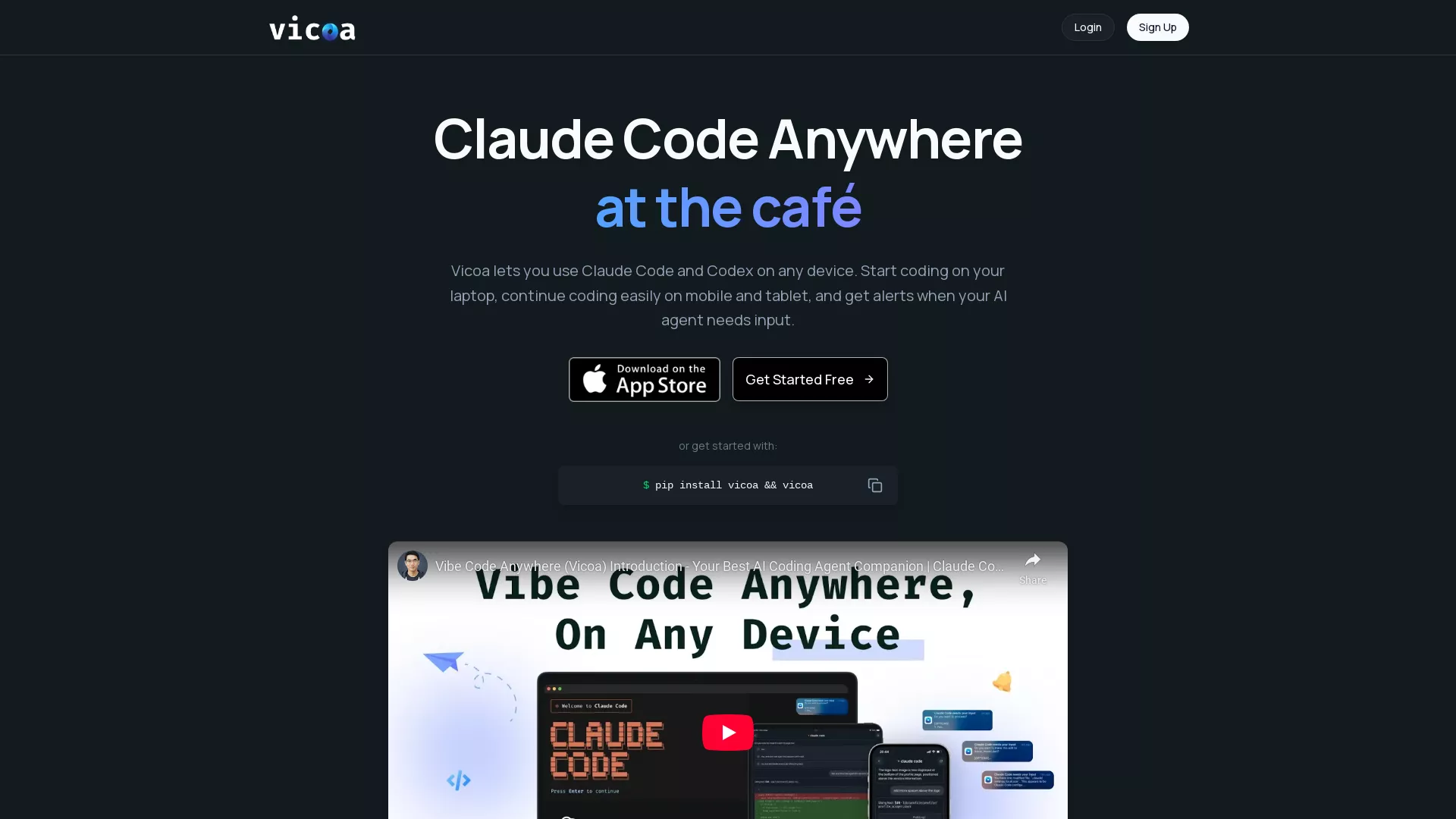 VicoaVibeCodeAnywhere - Ai Coding Tool Website Screenshot