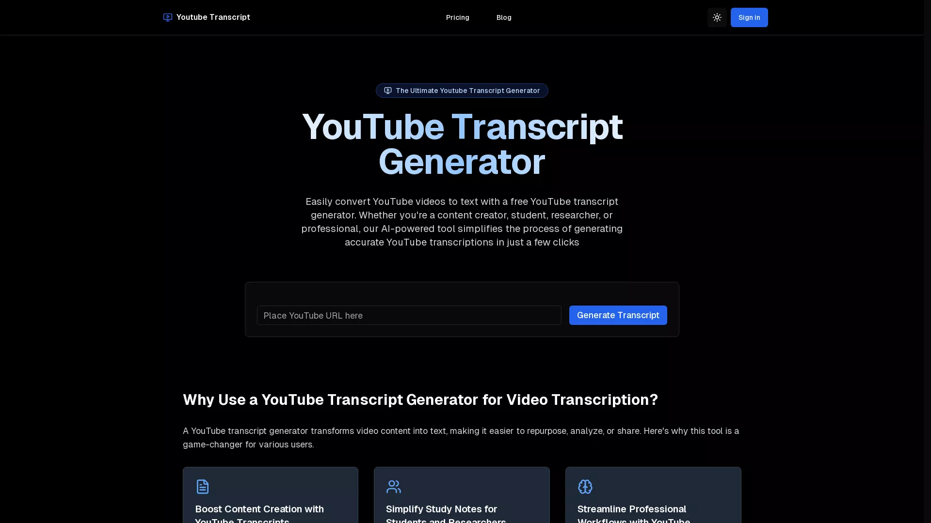 YoutubeTranscriptGenerator - Video To Text Summarization Website Screenshot