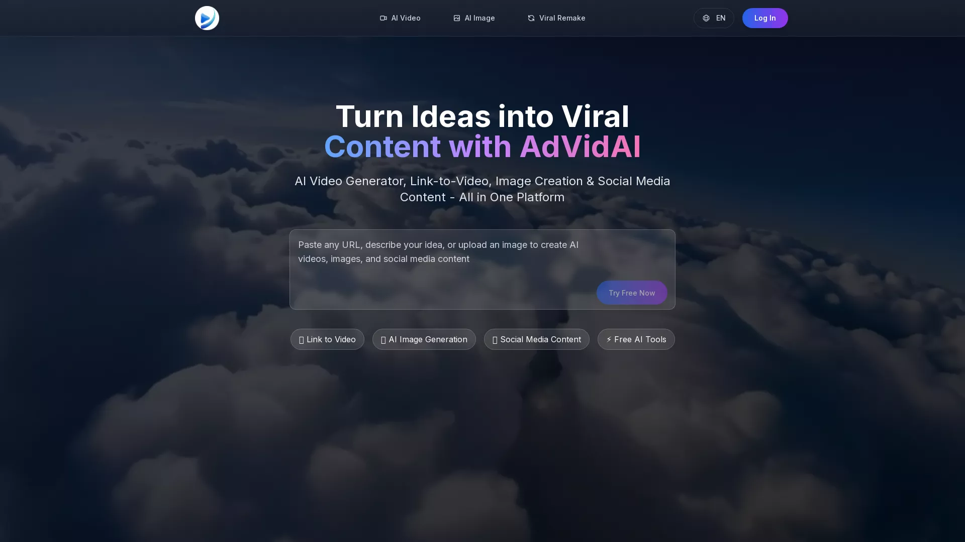 AdVidAI - AI Content Creation Platform Website Screenshot