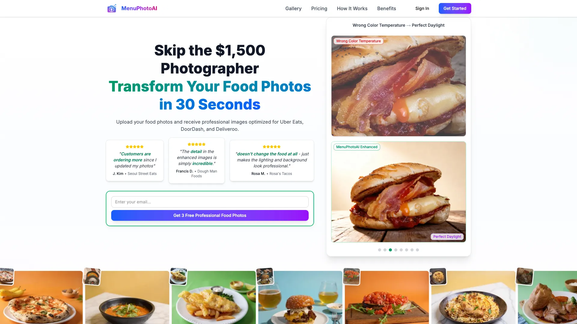 MenuPhotoAI - AI Food Photography Editor Website Screenshot