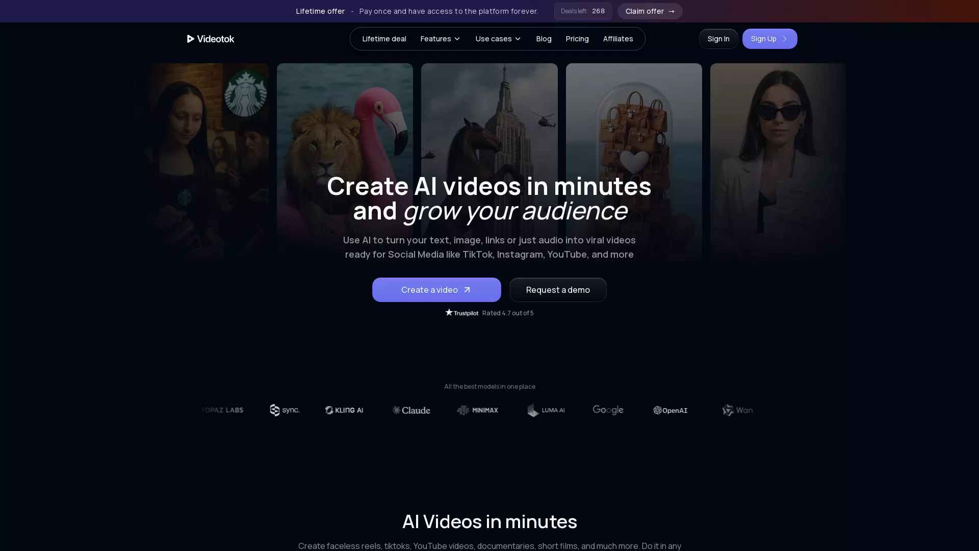 Videotok - AI Video Creation Tool Website Screenshot