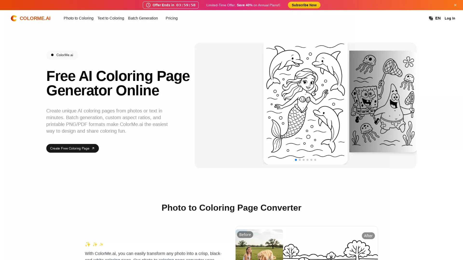 ColorMeAI - AI Coloring Page Generator Website Screenshot