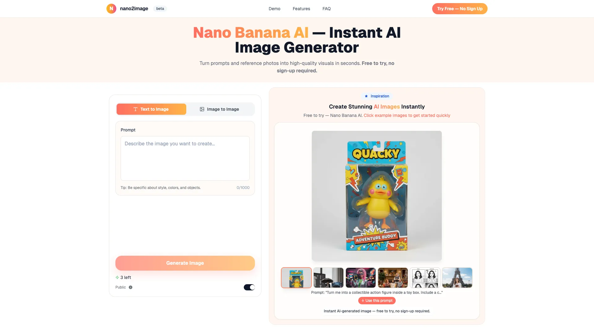 Nano2Image - AI Image Generation Website Screenshot