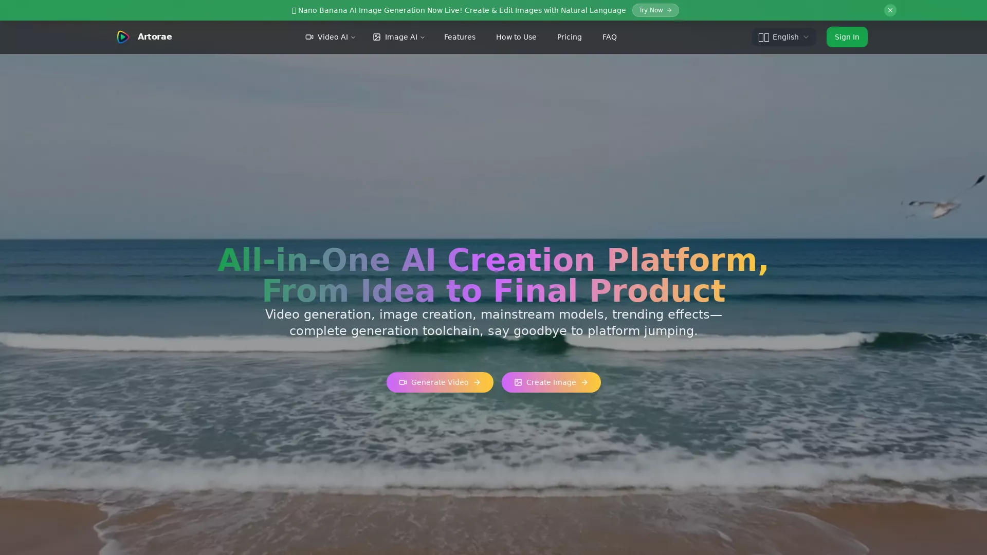 Artorae - AI Video Creation Platform Website Screenshot