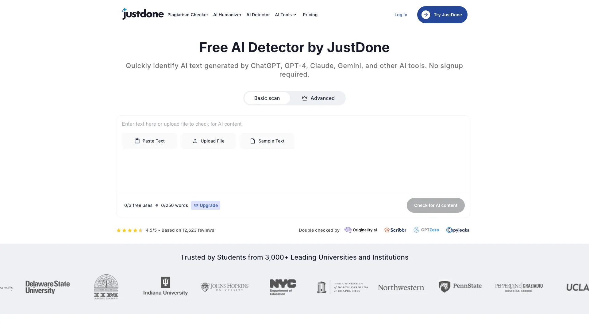 JustDoneAIDetector - AI Content Detection Tool Website Screenshot