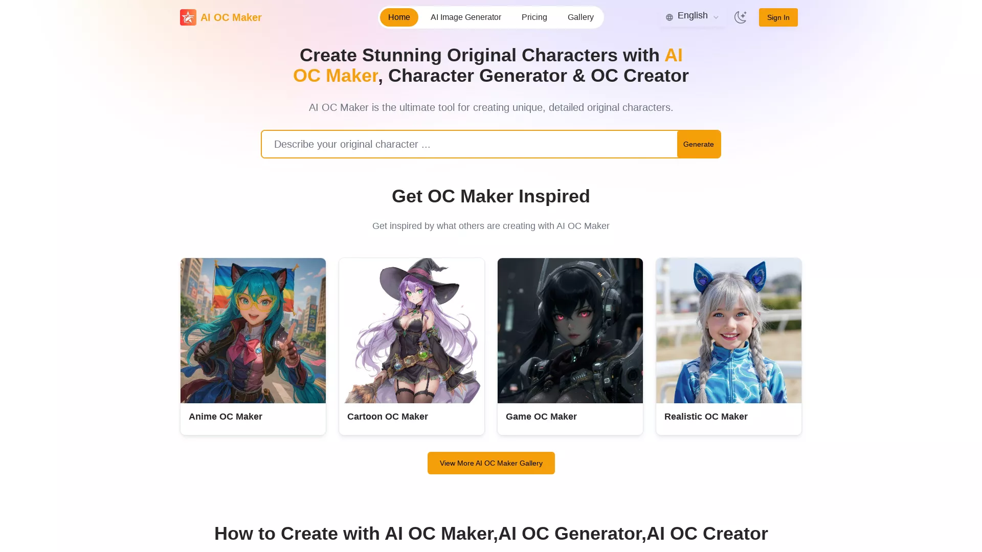 AIOCMaker - AI Character Creation Website Screenshot