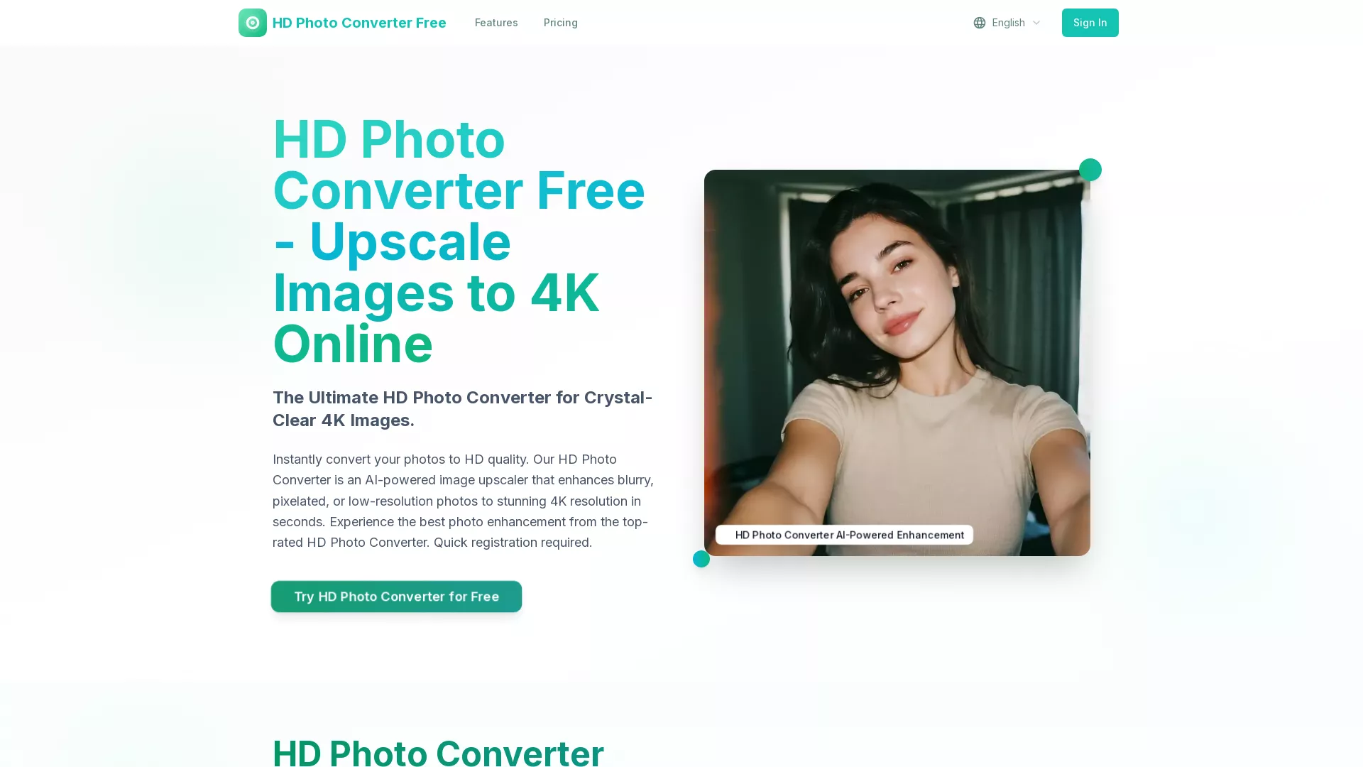 HDPhotoConverter - AI HD Image Enhancer Website Screenshot