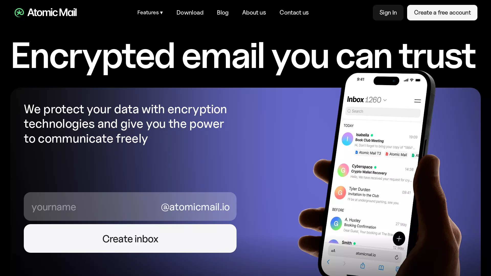 AtomicMail - Secure Email Service Website Screenshot