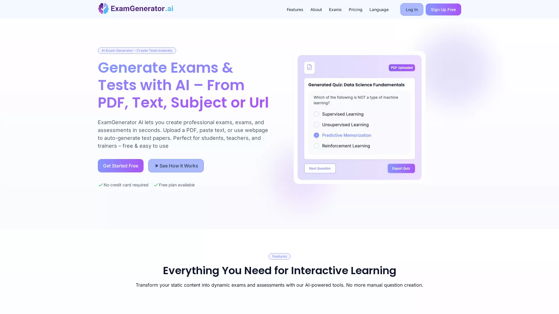 ExamGeneratorAi - AI Test Creation Tool Website Screenshot