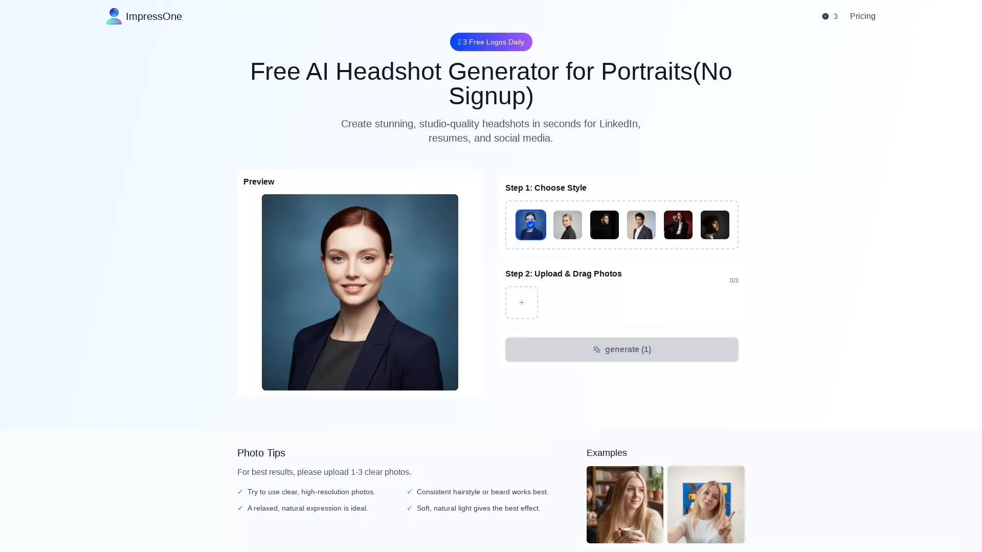 ImpressOne - AIHeadshotGenerator Website Screenshot