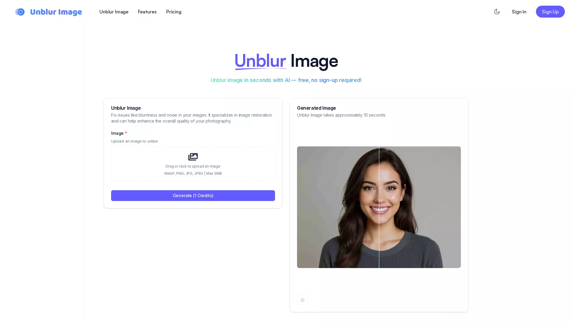 UnblurImageAI - AI Photo Enhancement Website Screenshot