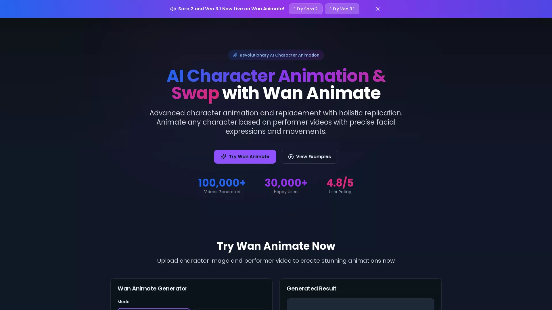 WanAnimate - AI Character Animation Website Screenshot