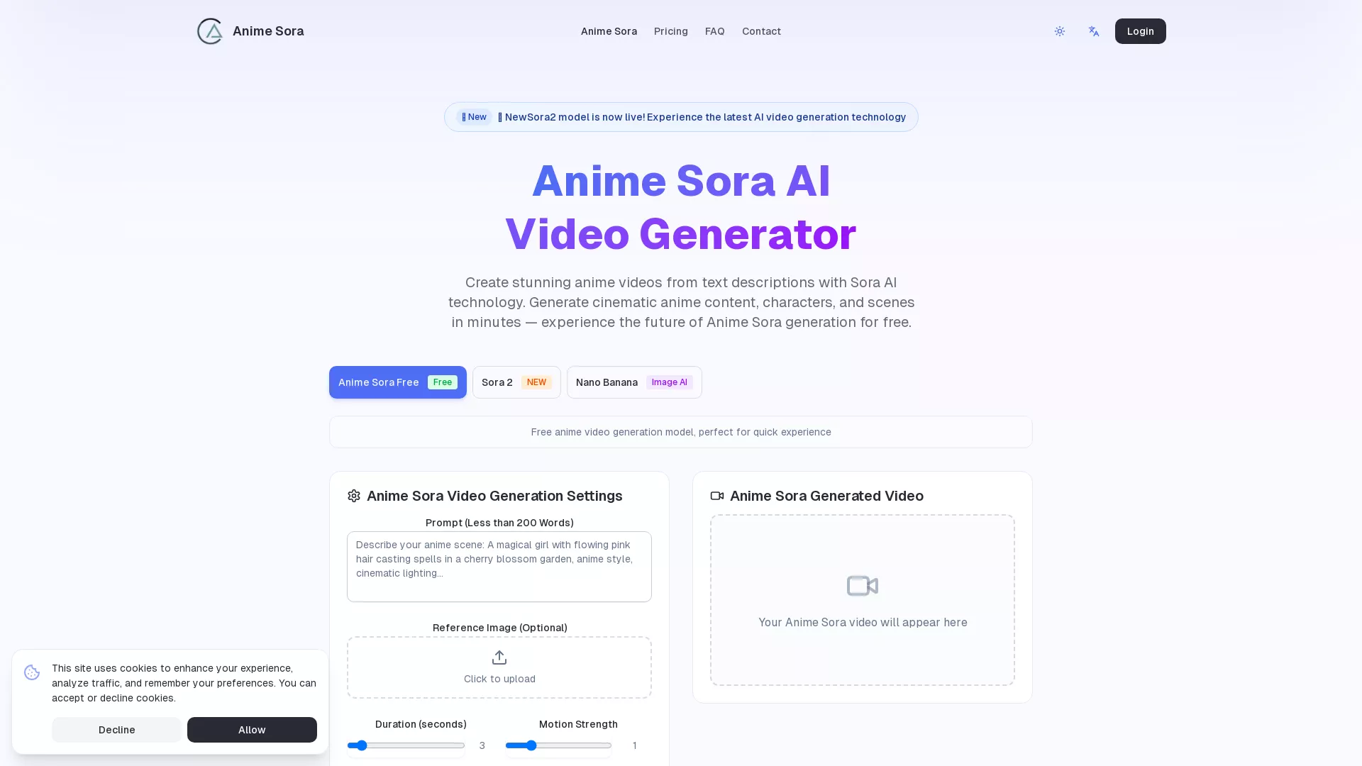 Animesora - AI Video Generator Website Screenshot