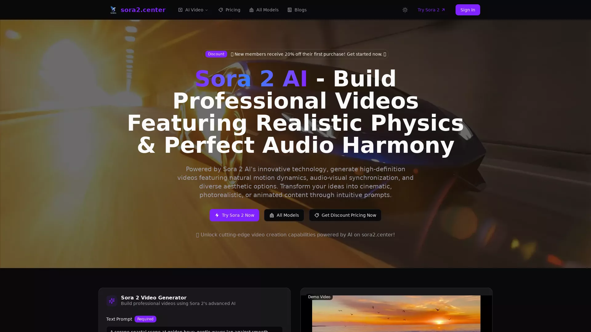 Sora2AICenter - AI Video Generation Platform Website Screenshot
