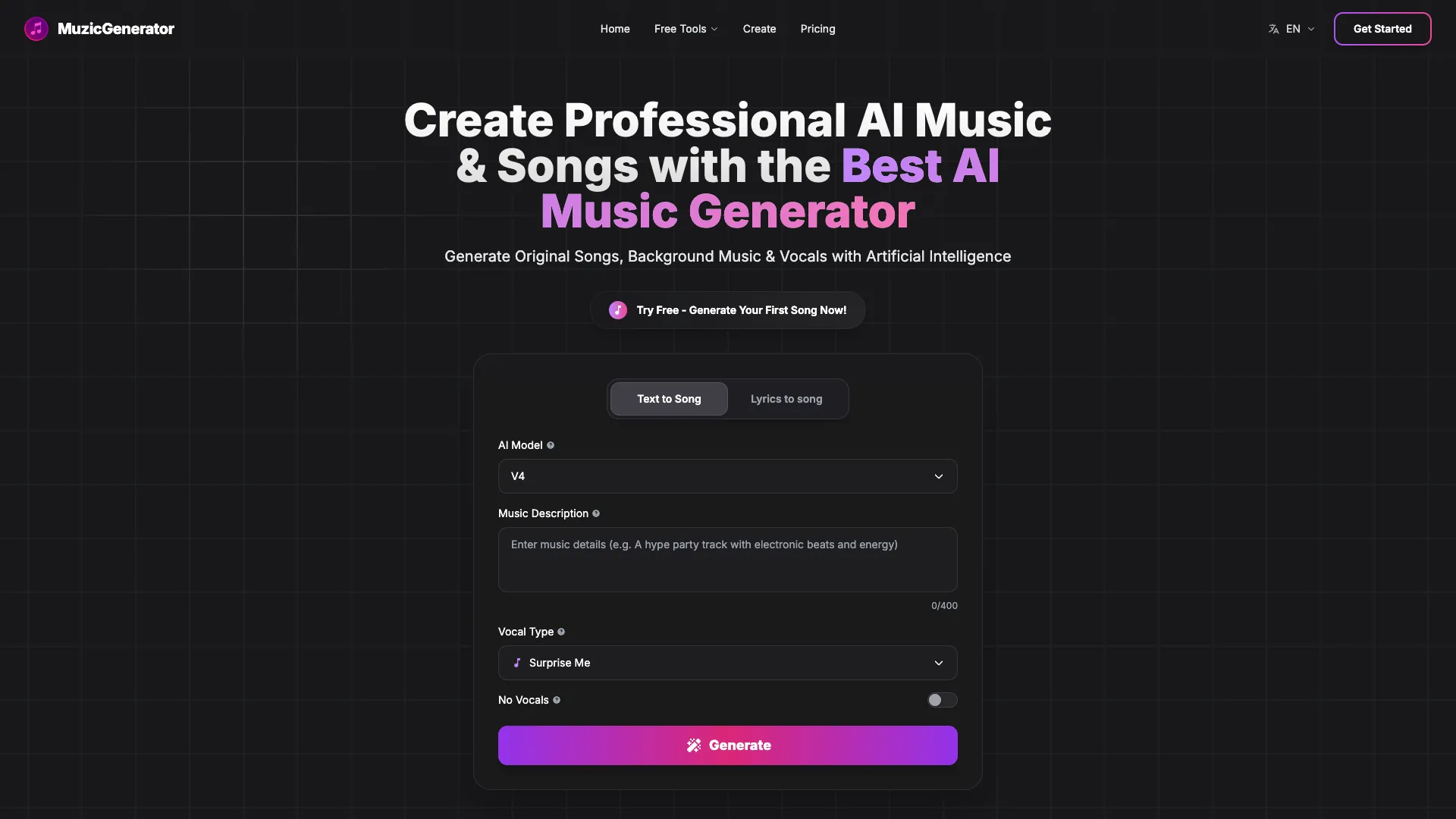 MuzicGenerator - Professional AI Music Generator Website Screenshot