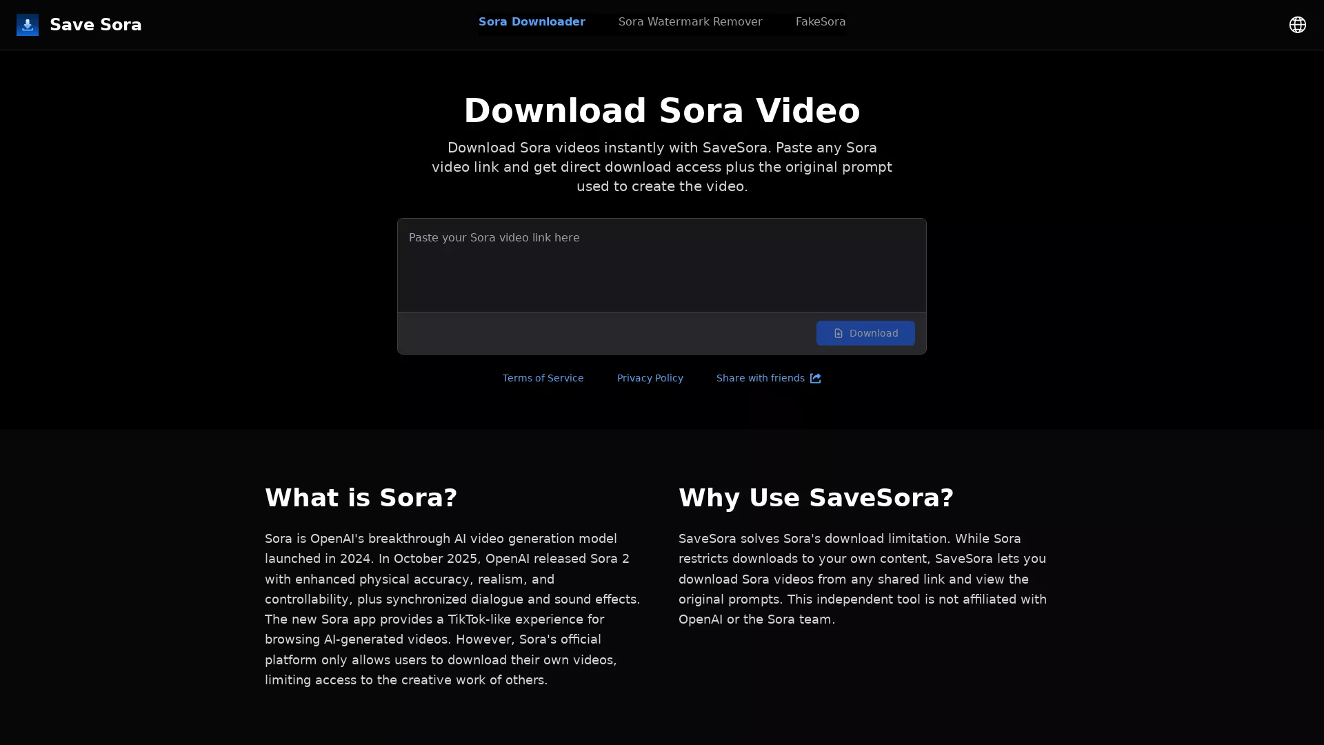 SaveSora - AI Sora Downloading Tool Website Screenshot