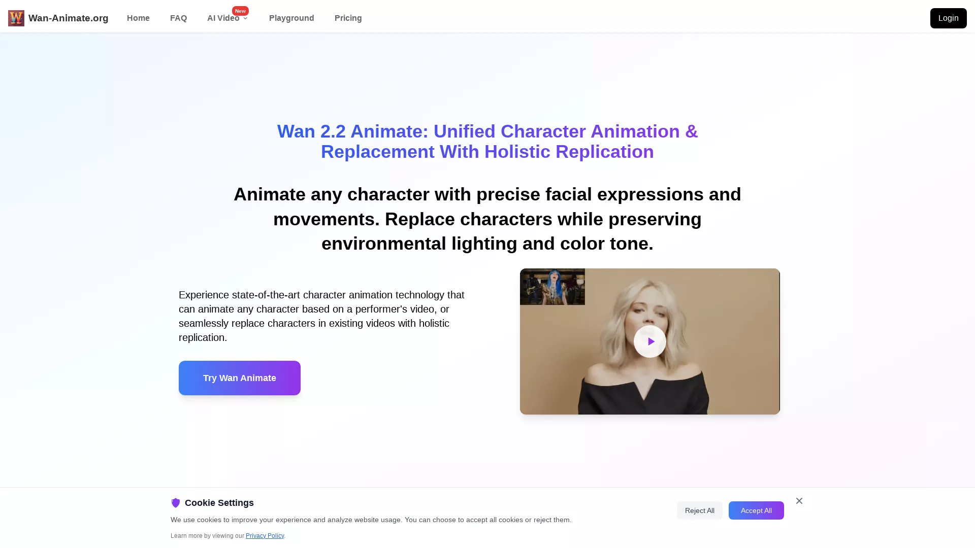 WanAnimate - AI Character Animation Website Screenshot
