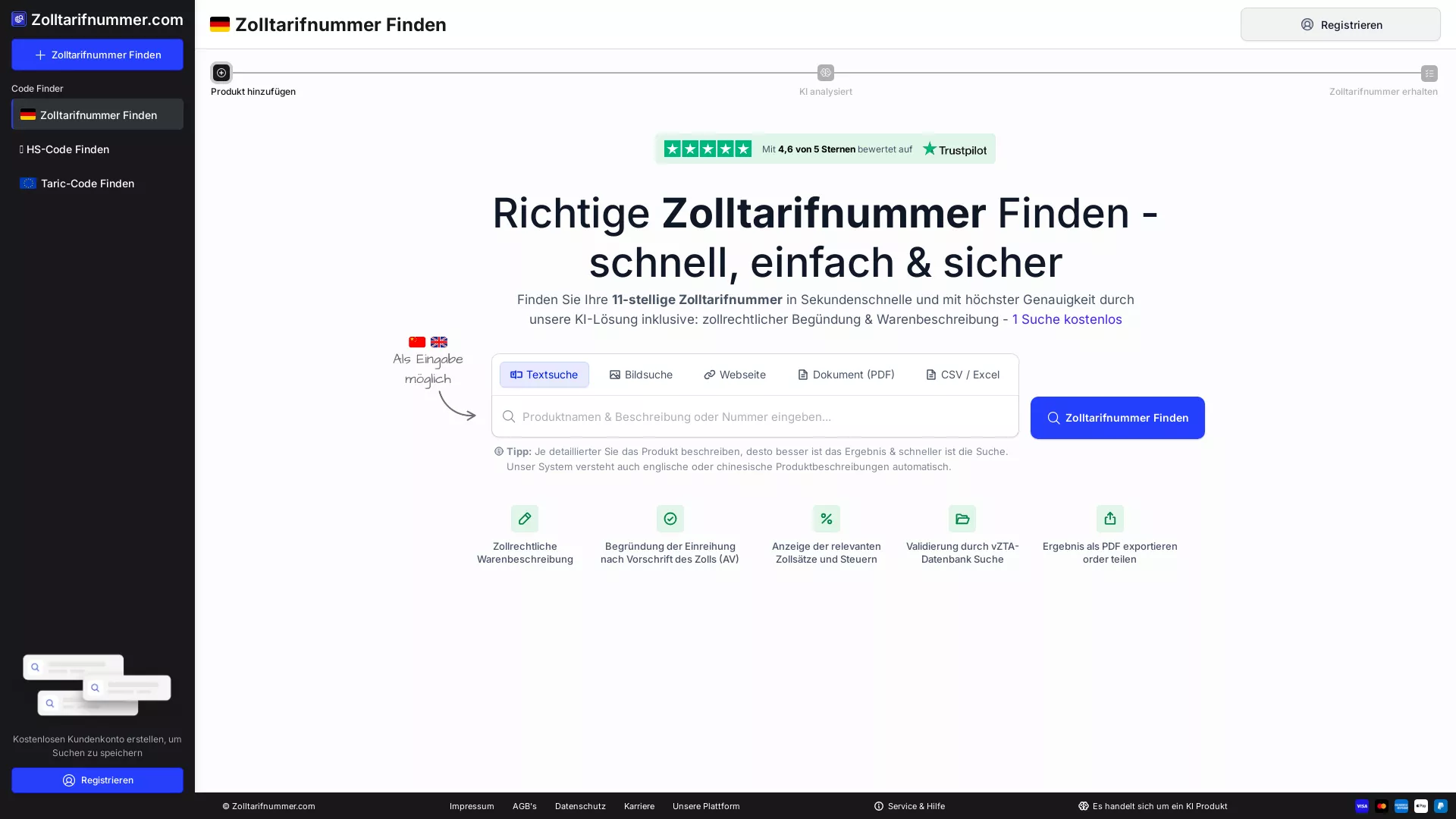 Zolltarifnummer - AI Customs Code Classification Website Screenshot