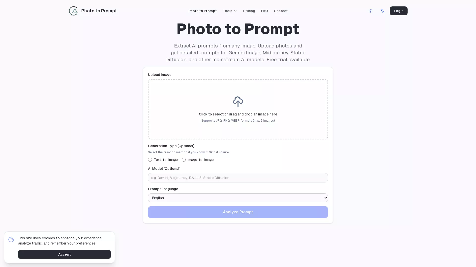 PhotoToPrompt - AI Image Prompt Generator Website Screenshot