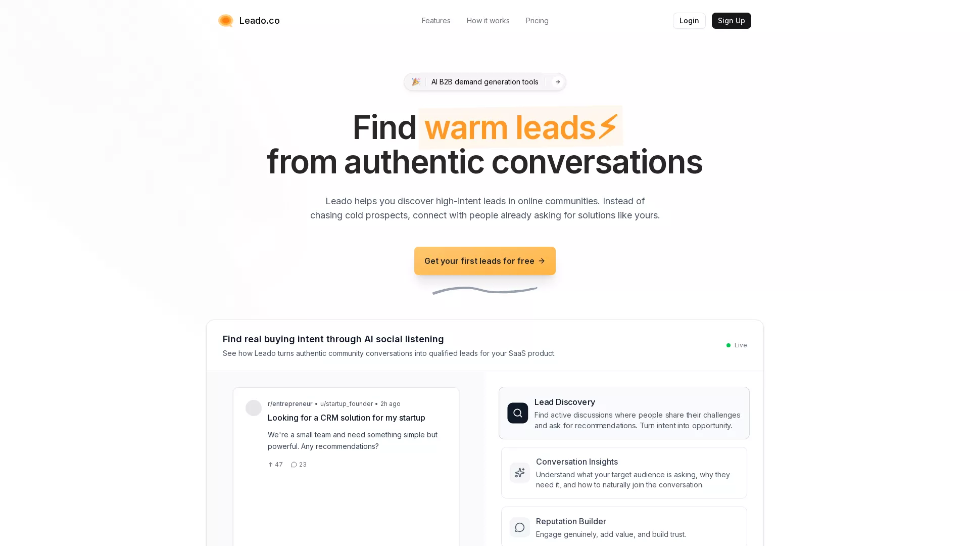 Leado - AI Lead Generation Tool Website Screenshot