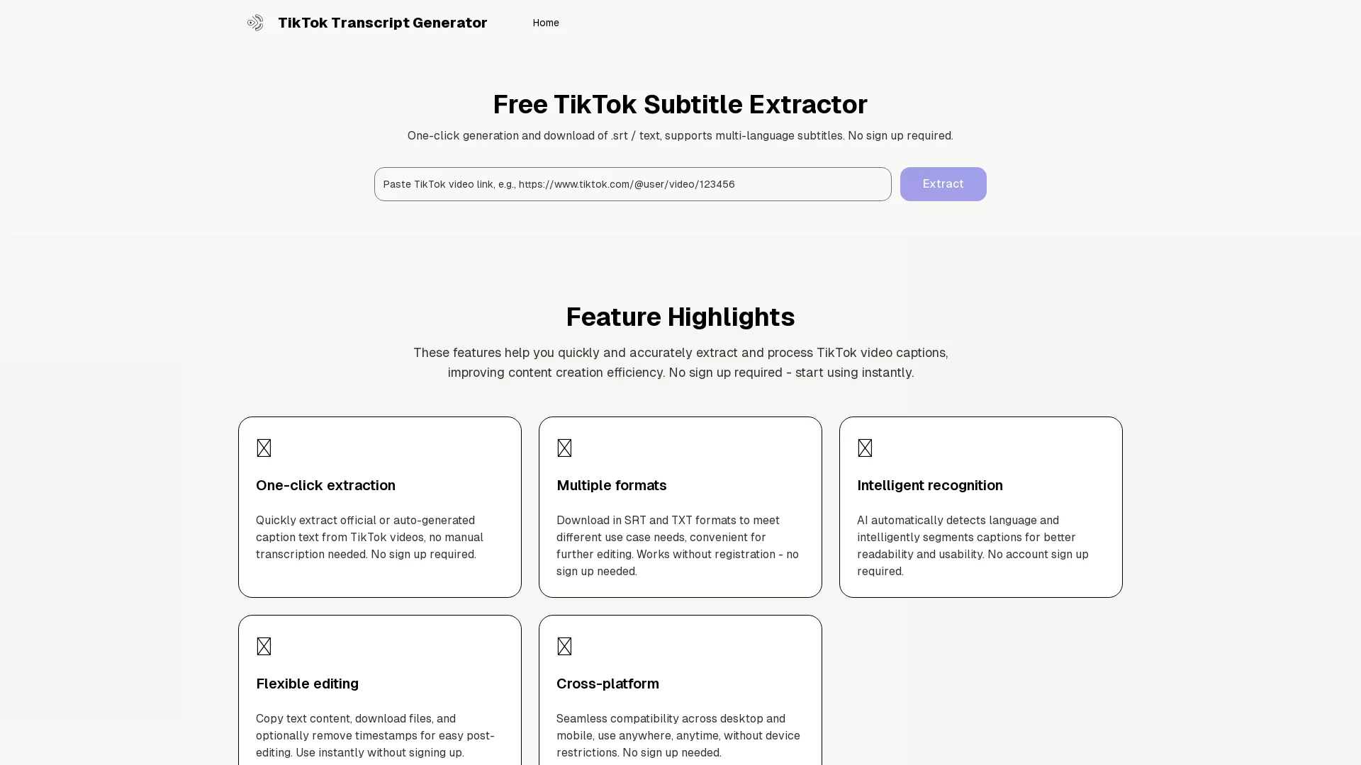 TikTokSubtitleExtractor - AI Subtitle Extraction Website Screenshot