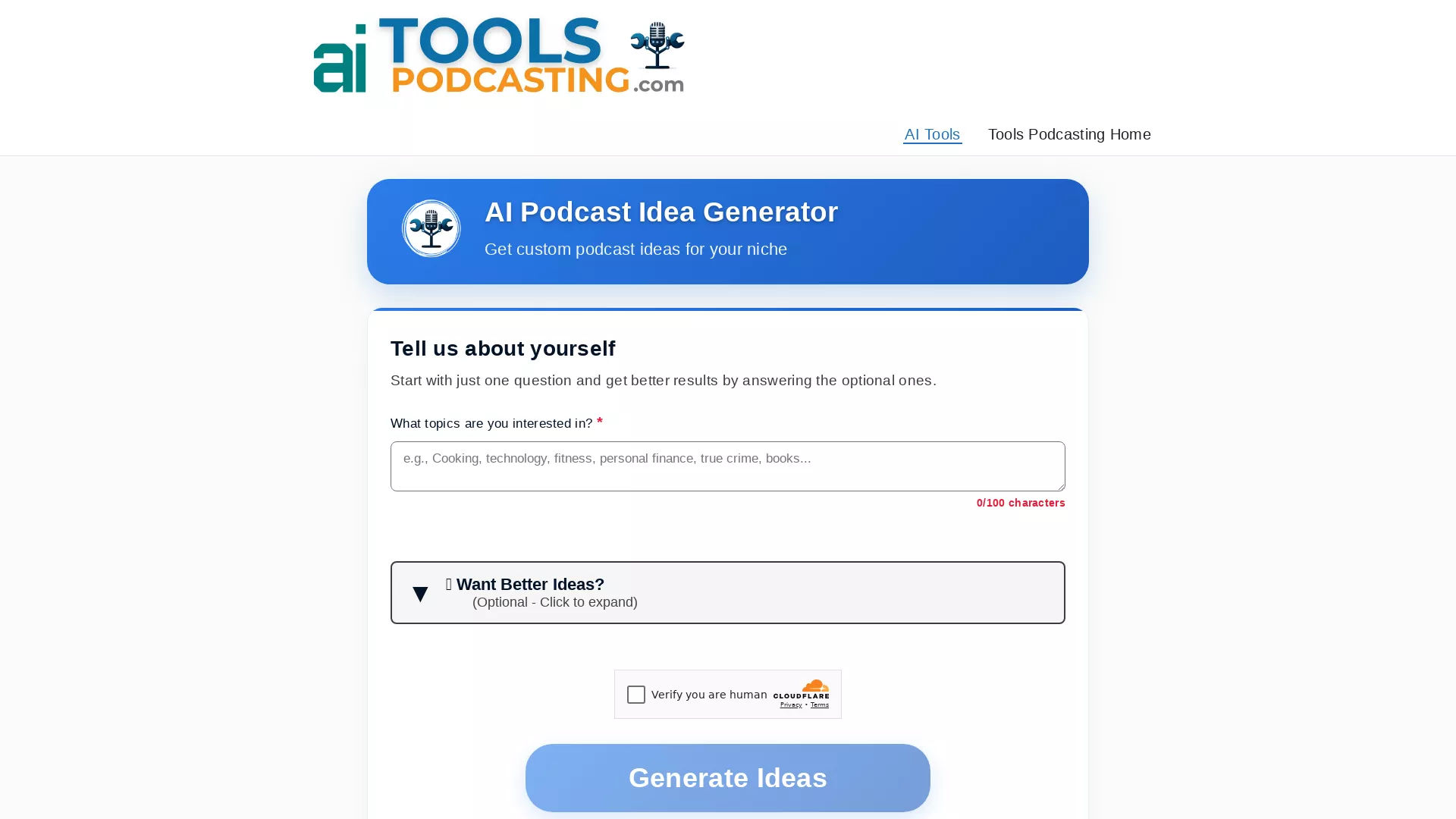 AIPodcastIdeaGenerator - AI Podcast Idea Generation Website Screenshot