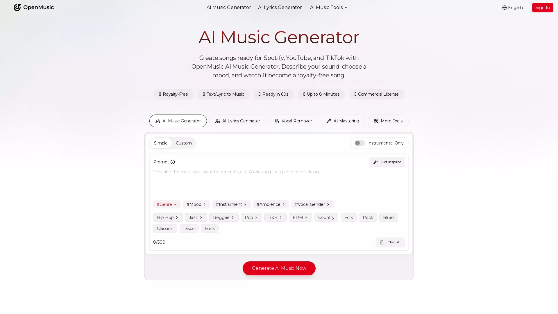 OpenMusic - AI Music Tool Website Screenshot