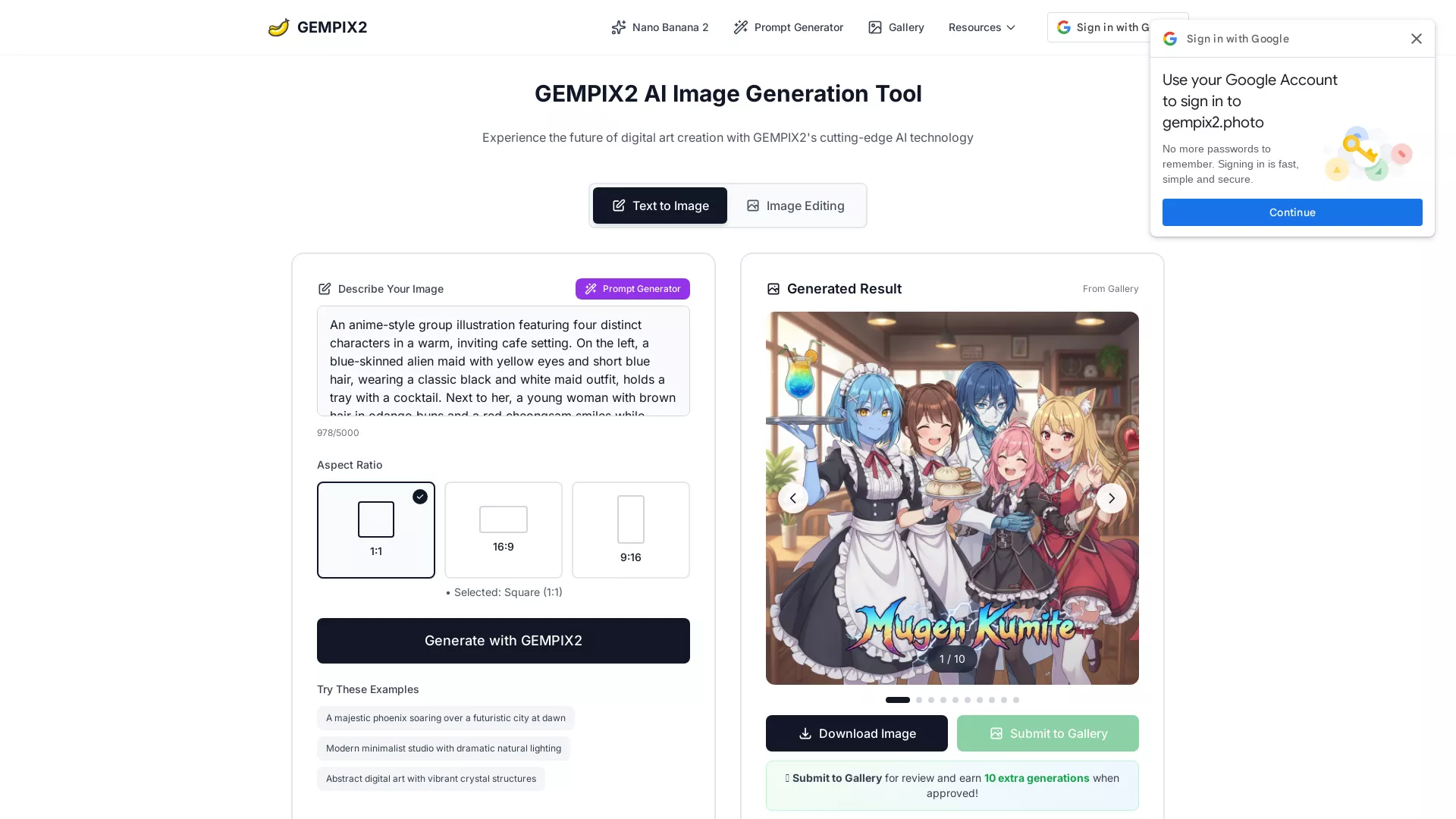 GEMPIX2 - AI Image Generation Tool Website Screenshot