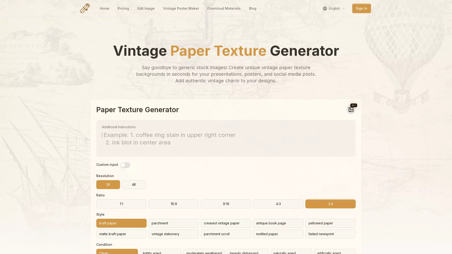 VintagePaperGenerator - AI Background Tool Website Screenshot