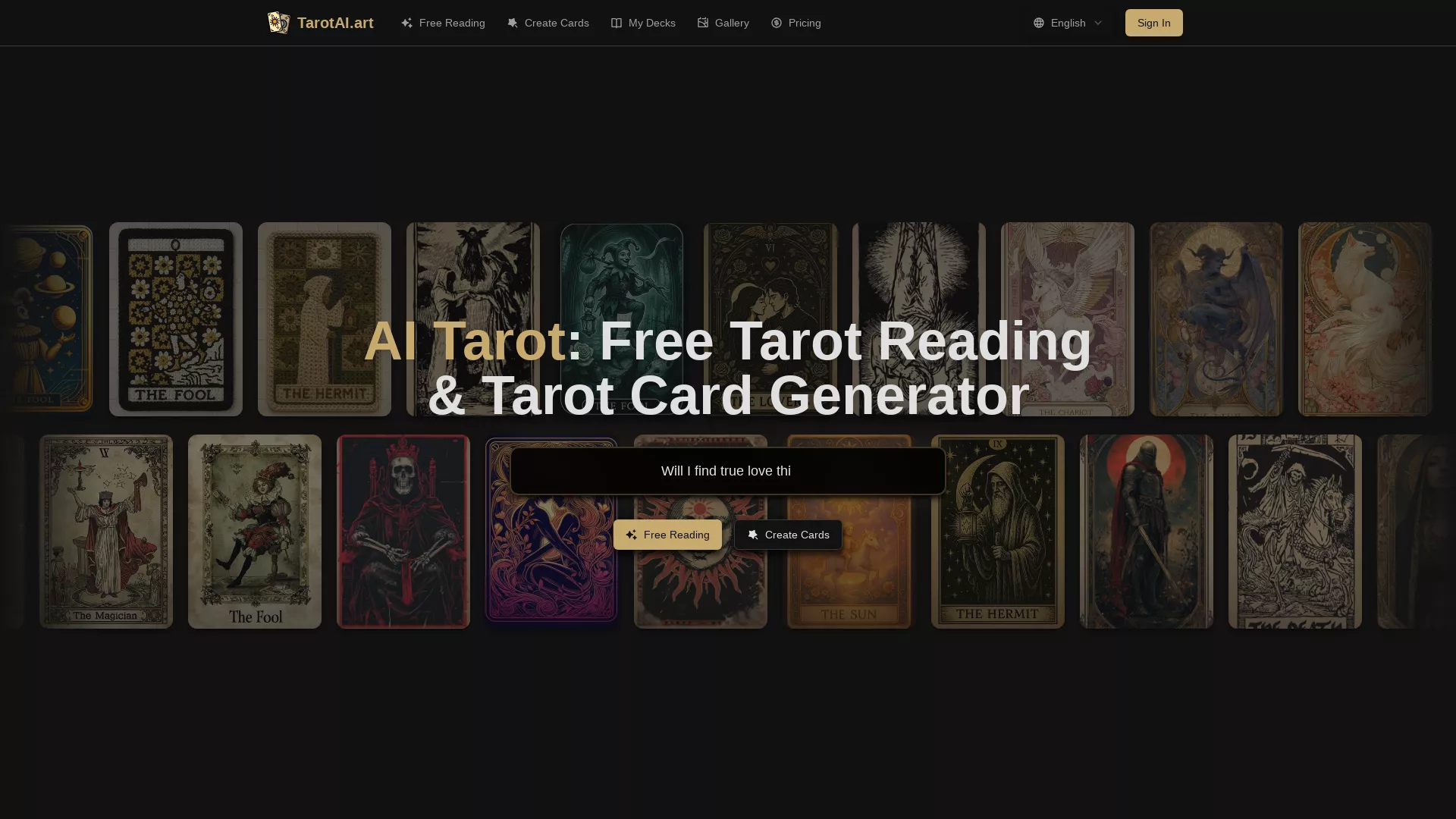 TarotAI - AI Tarot Card Generator Website Screenshot