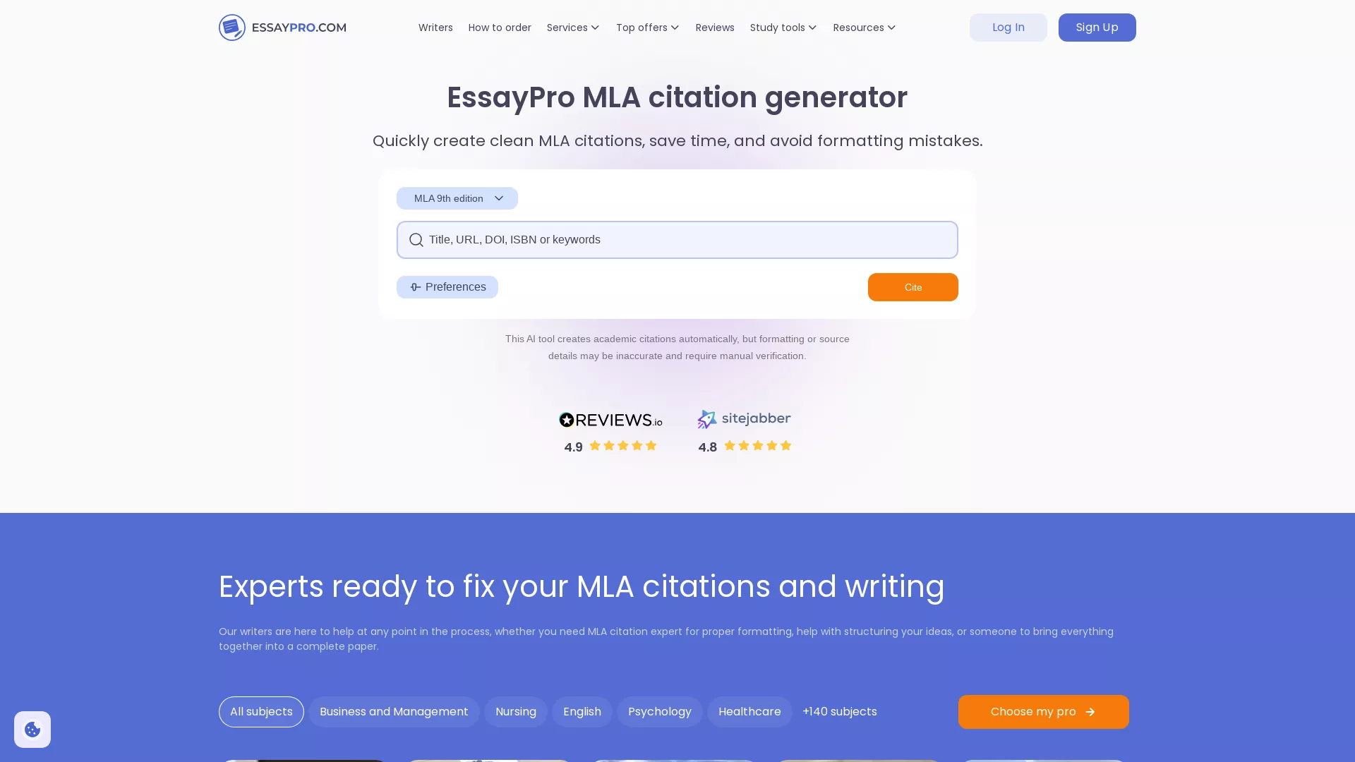 MLA citation generator - Tool for creates academic citations automatically Website Screenshot