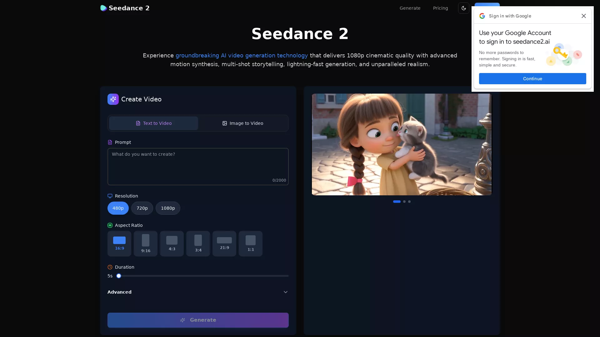 Seedance2 - AI Video Generation Tool Website Screenshot
