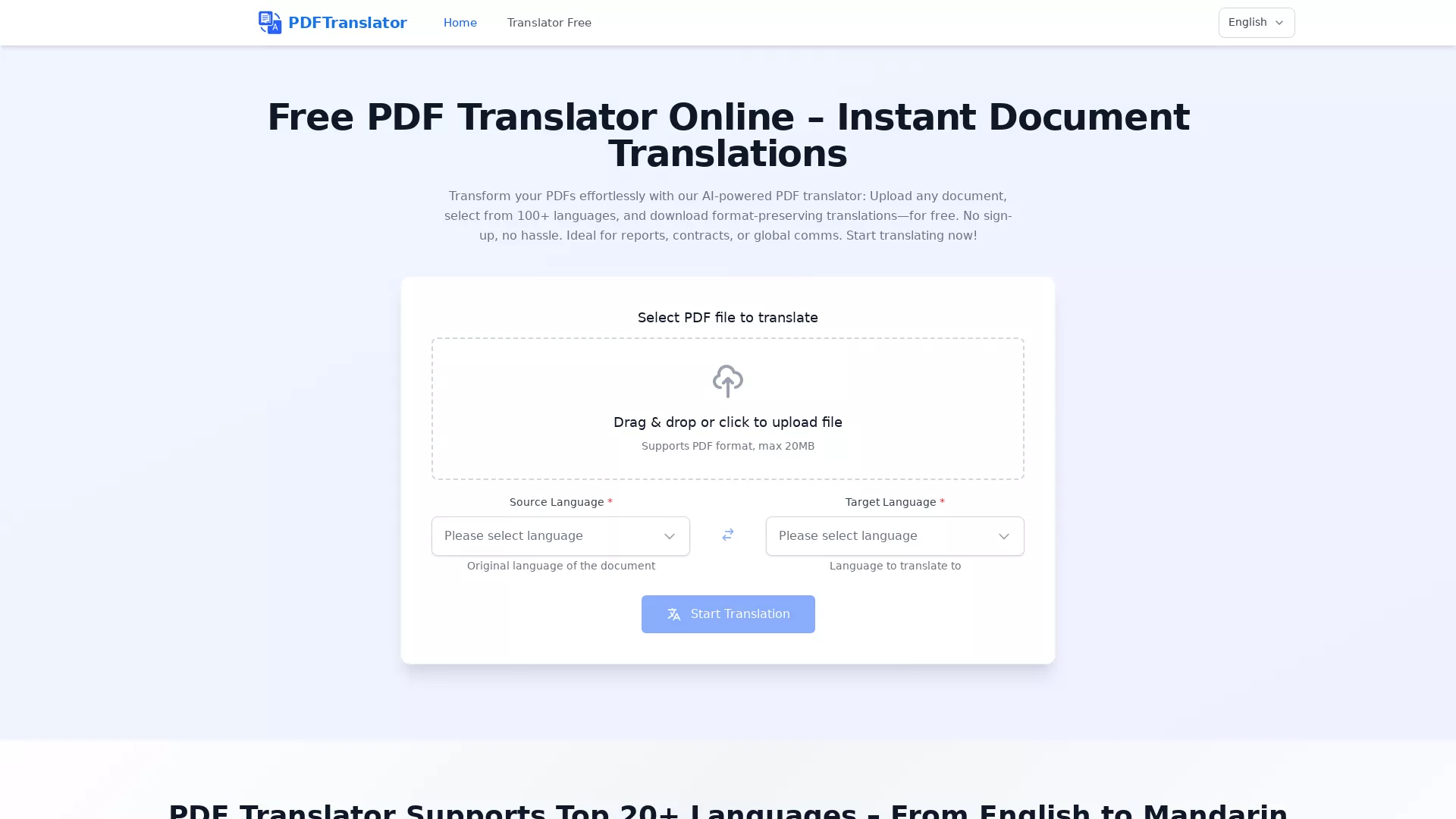 PDFTranslator - AI Document Translation Website Screenshot