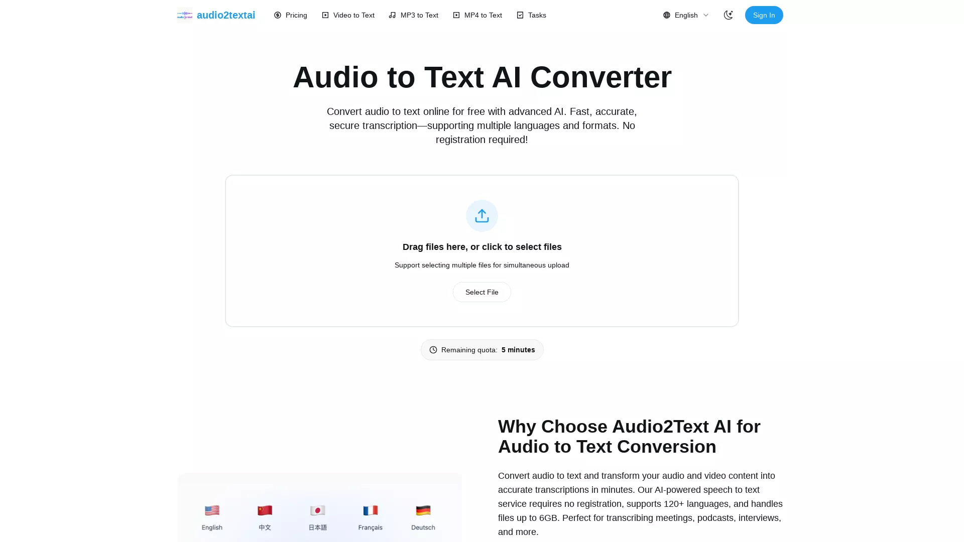 AudioToTextAICovner - Speech To Text AI Website Screenshot