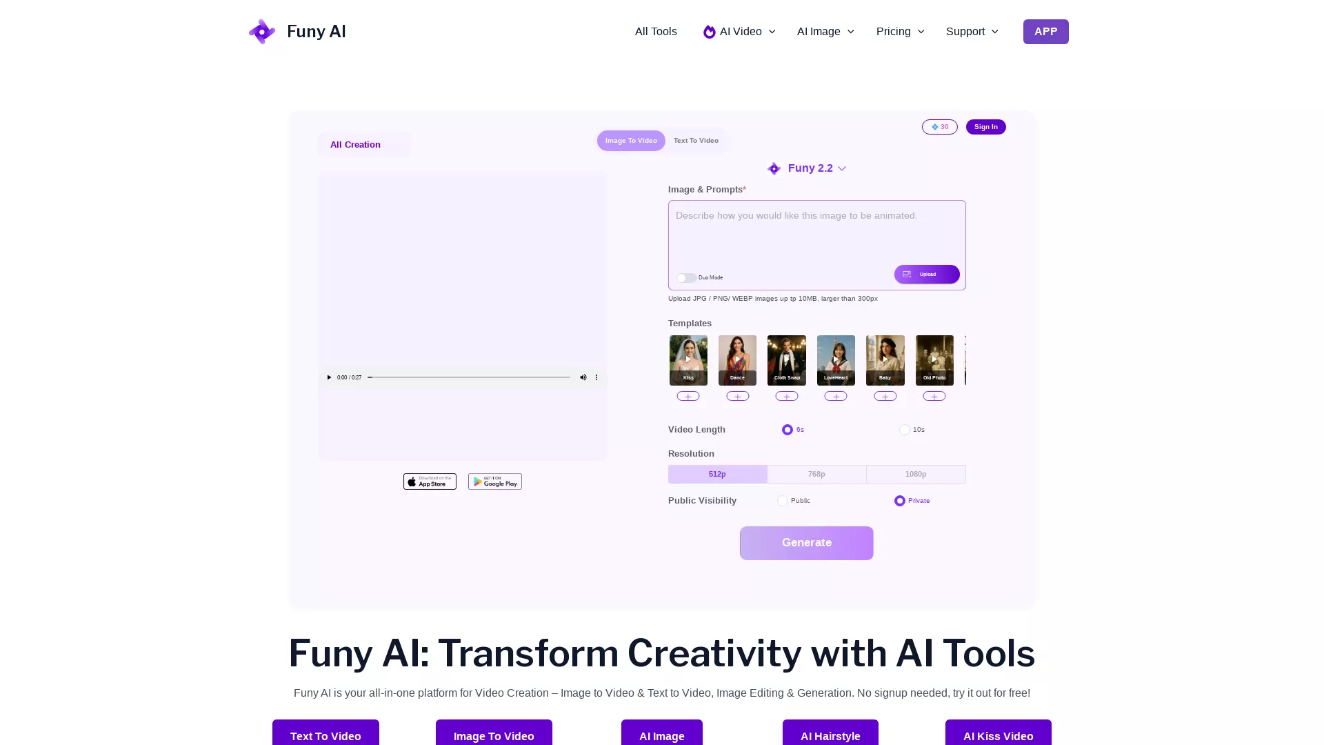 FunyAI - AI Video Generator Website Screenshot