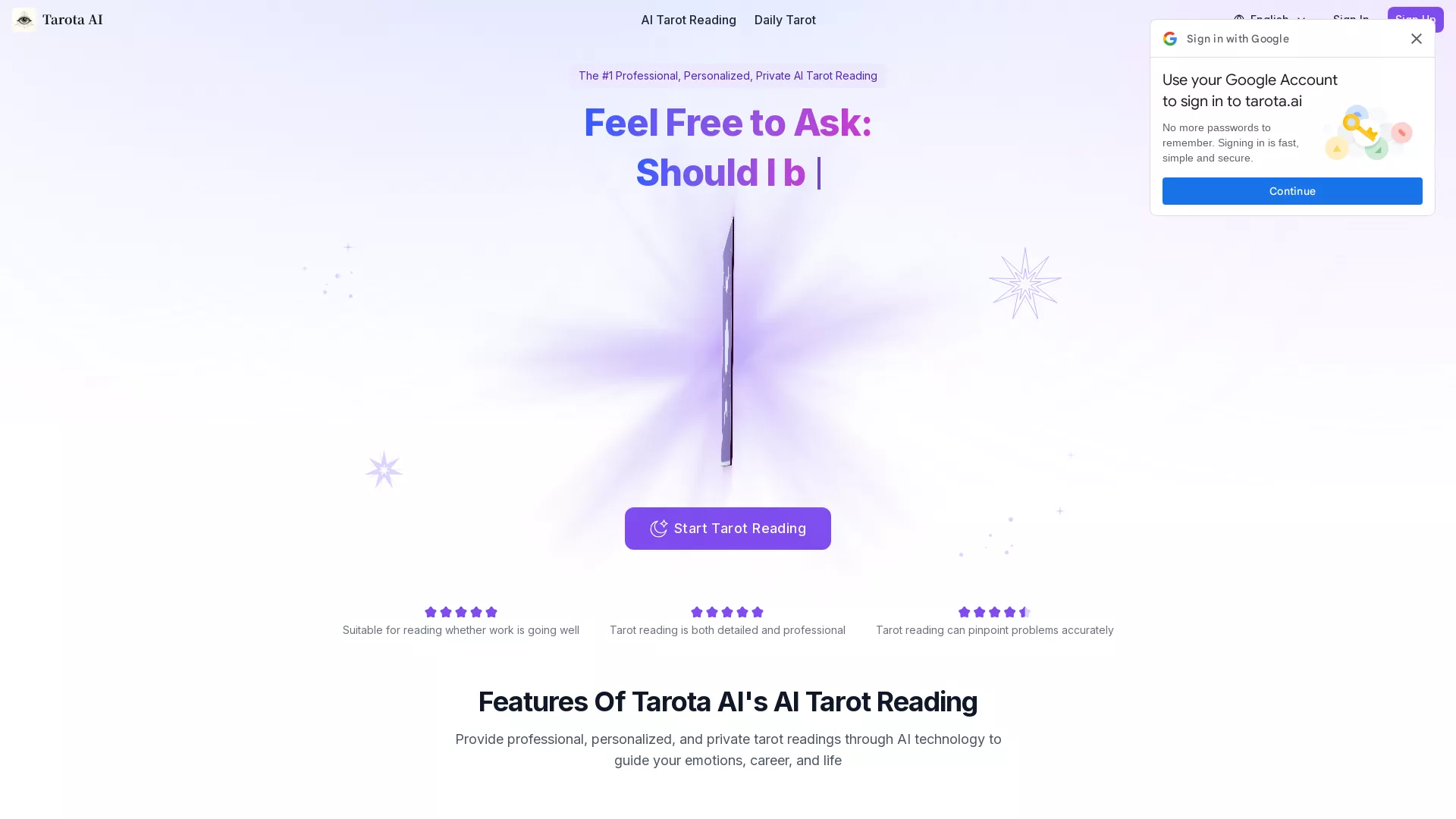 Tarota AI - AI Tarot Reading Tool Website Screenshot