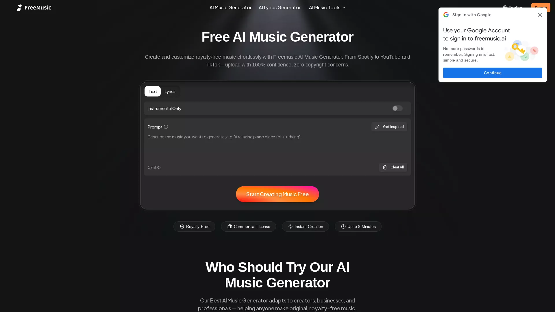 FreeMusic AI - AI Music Generator Website Screenshot