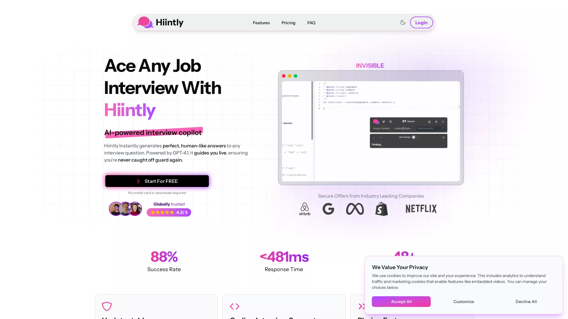 Hiintly - Interview AI Assistant Website Screenshot