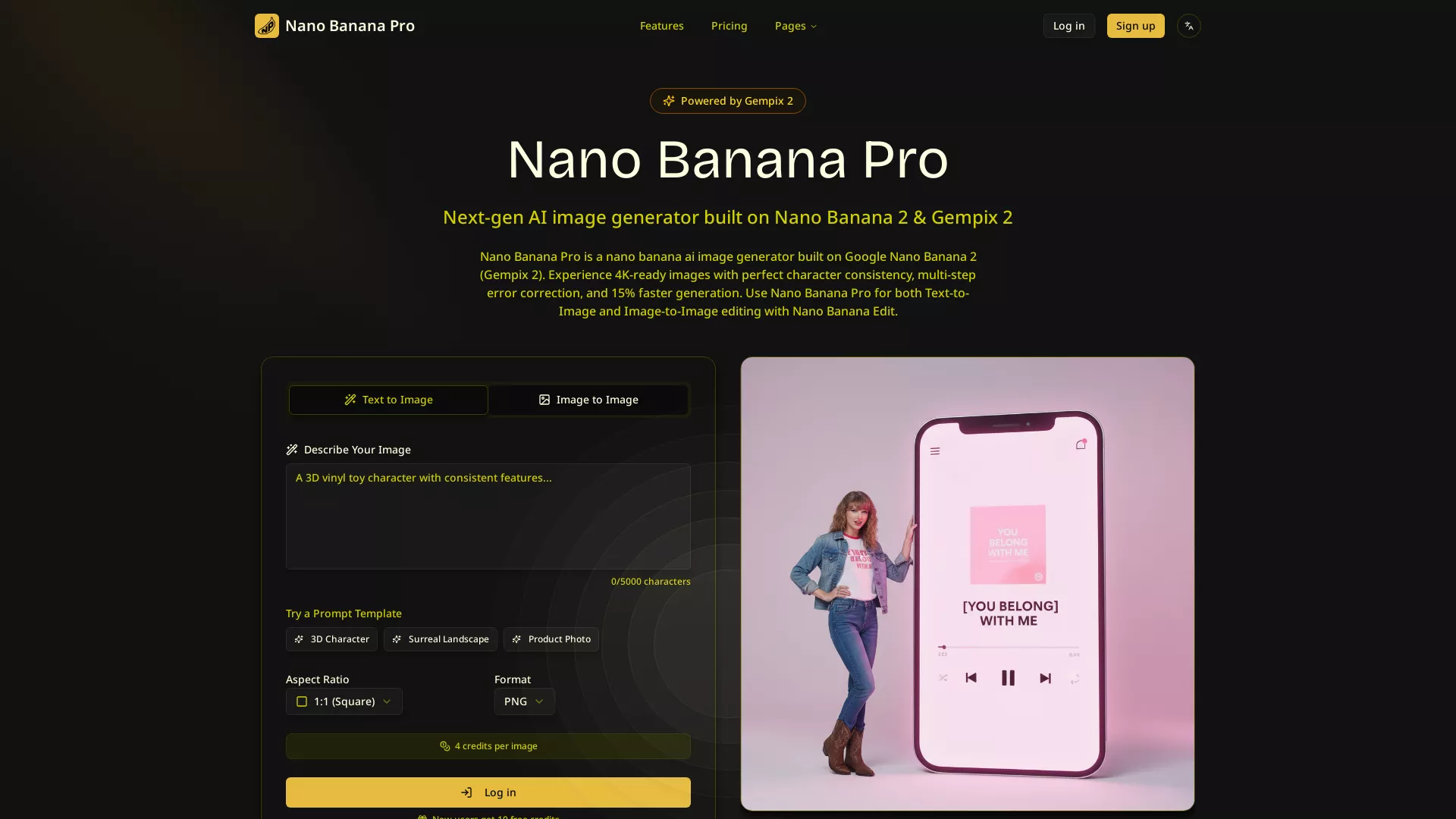 NanoBananaPro - AI Image Generation Tool Website Screenshot