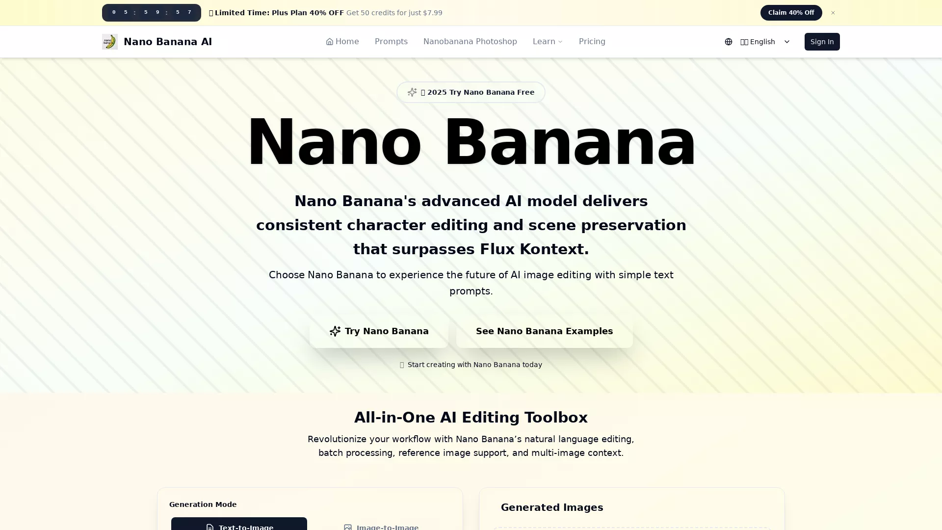 NanoBananaAI - AI Image Generation Website Screenshot