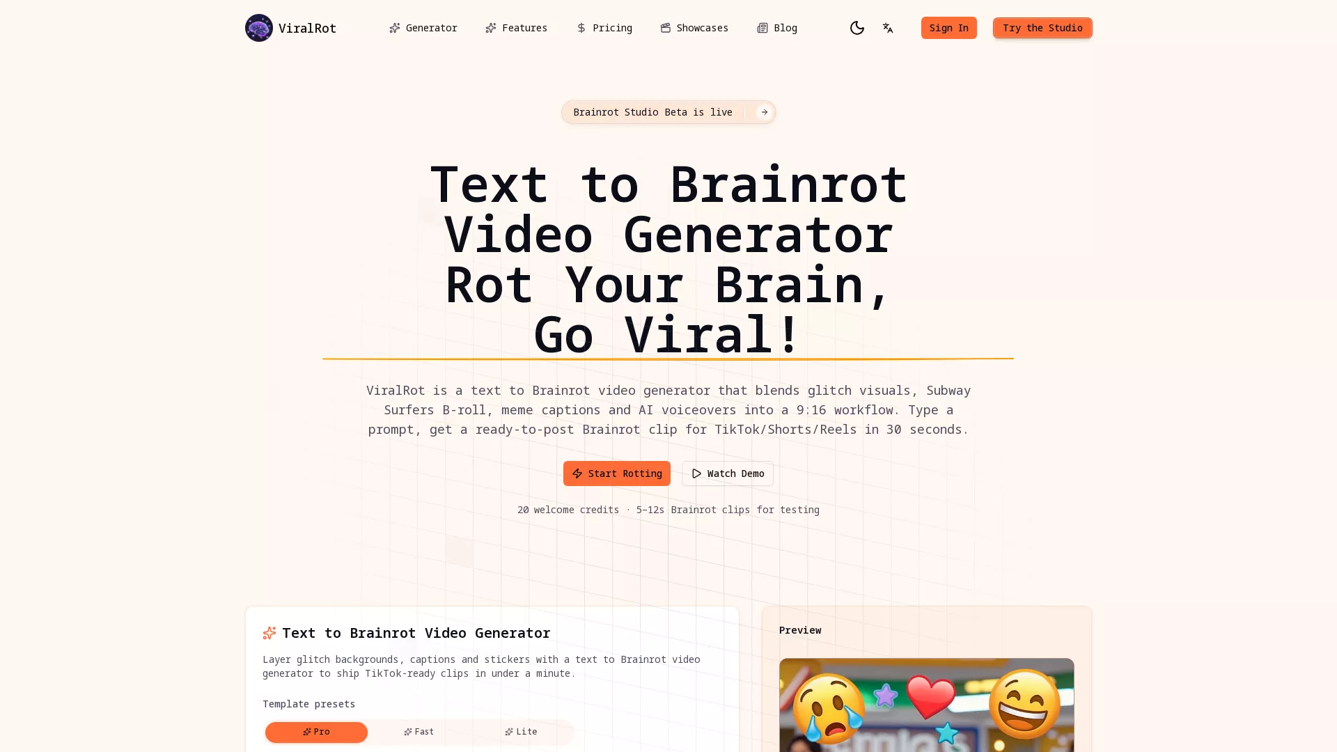 ViralRot - AI Brainrot Video Generator Website Screenshot